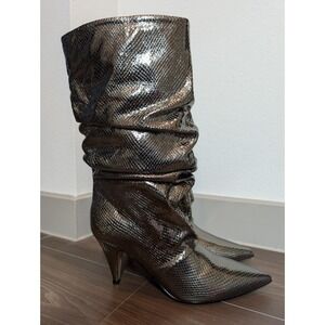Marc Fisher Women 8.5M Kailee Pointy Toe‎ Ruched Dress Boots Snake Kitten Heel